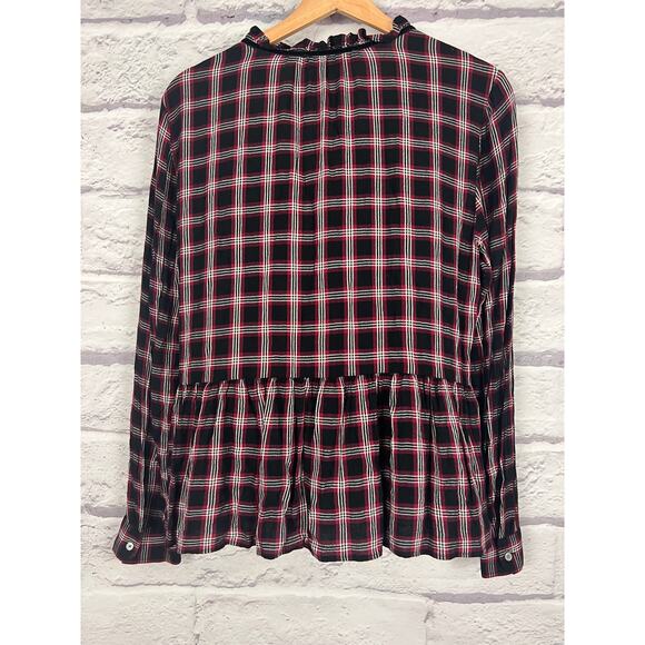 Loft Women M Cottagecore Academia Grunge 90s Preppy Plaid Peplum Tie Neck Blouse - Picture 4 of 11